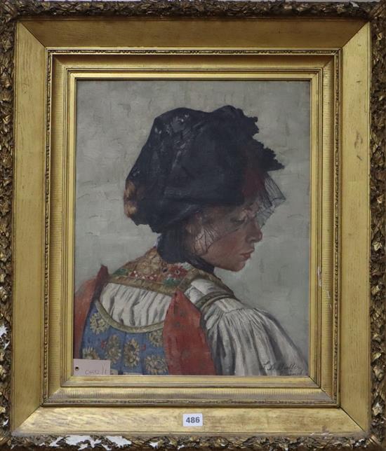 S.A. Butten, Munchen, oil on canvas, Portrait of a girl in traditional dress, signed, 48 x 38cm